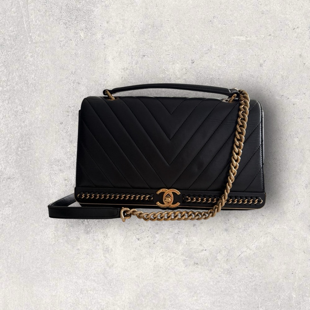 Chanel Chevron Top Handle Flap Bag - Black Calfskin with Gold Hardware - Picture 2 of 11